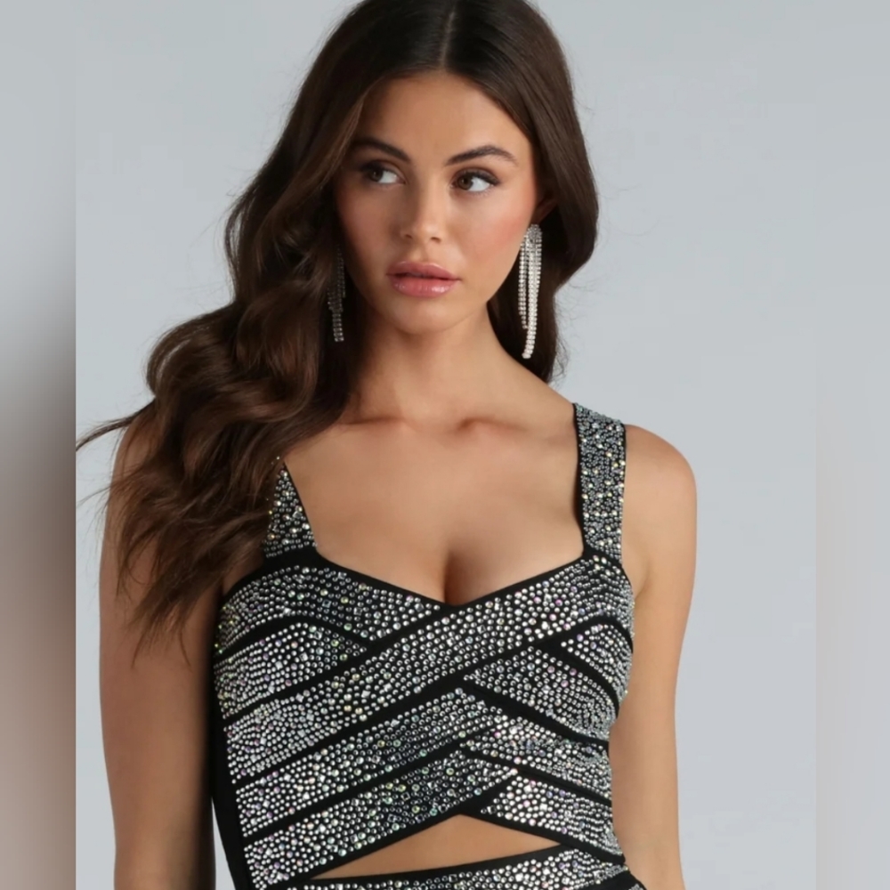 Black Glitz Rhinestone Bandage Crop Top